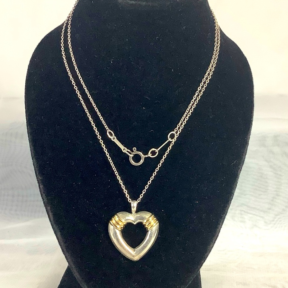 Tiffany & Co. Open Heart Pendant Necklace Sterling Silver & 18k Gold + 18” Chain